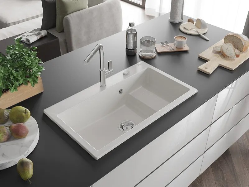 Mexen Omar granitový drez 1-komorový 800 x 480 mm, biely, sifón chróm - 6520801005-20