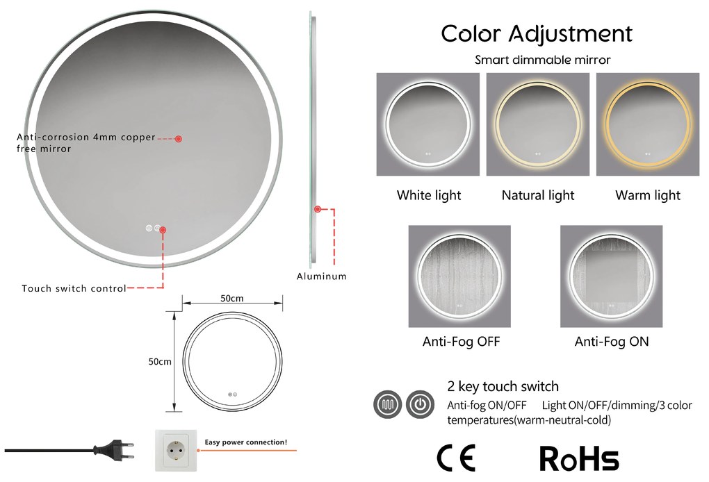 Erga Carla, okrúhle LED zrkadlo 50cm, 1150 lm, 3 farby svetla, ERG-V01-208-5050