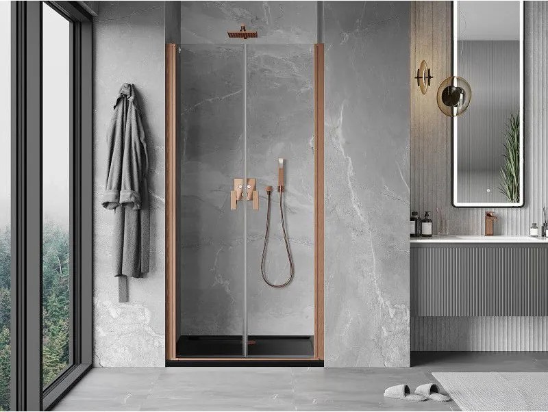 Mexen MIST, 2-krídlové sprchové dvere (d+d) 100x200 cm, 6mm číre sklo, medený matný profil, 8A7-100-000-65-00