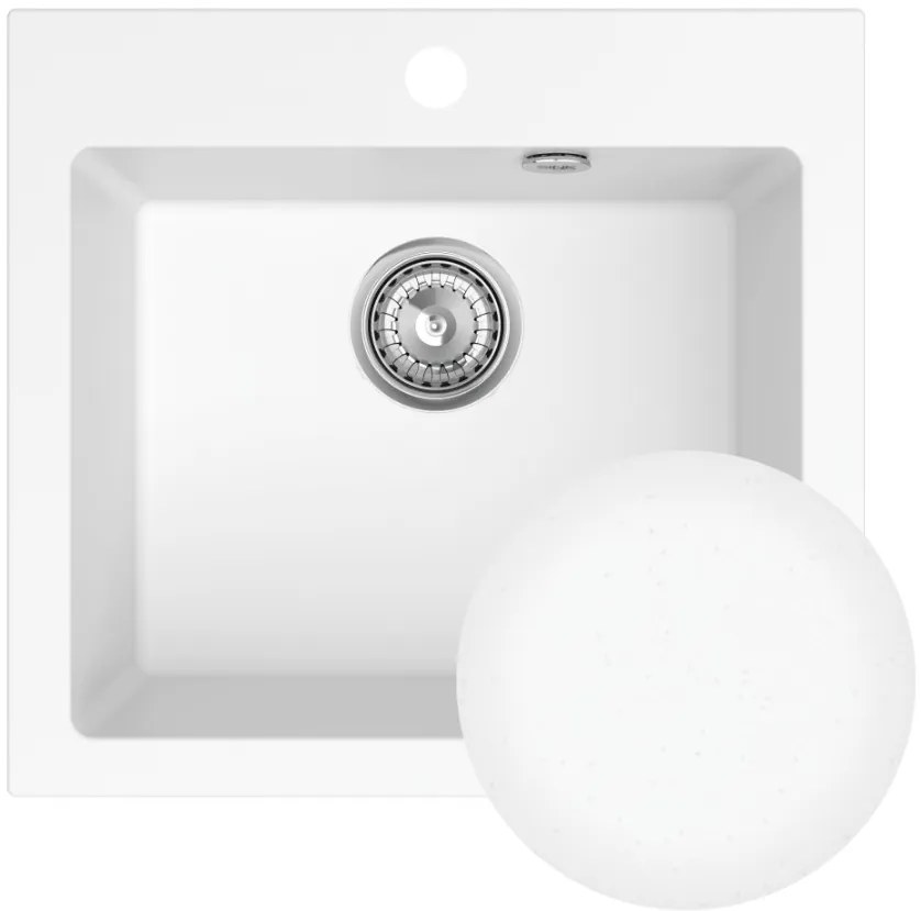 Sink Quality Ferrum 50, kuchynský granitový drez 490x450x195 mm + chrómový sifón, biela, SKQ-FER.W.1K50.X
