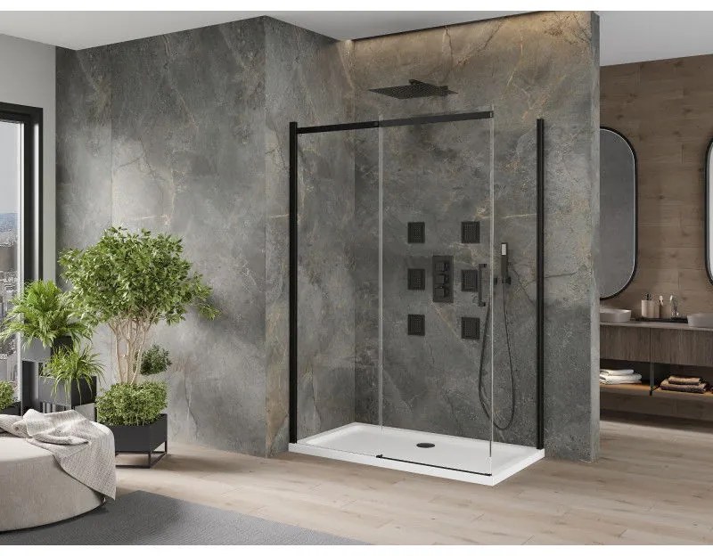 Mexen Omega, sprchovací kút s posuvnými dverami 130 (dvere) x 70 (stena) cm, 8mm číre sklo, čierny profil + slim sprchová vanička biela s čiernym sifónom, 825-130-070-70-00-4010B