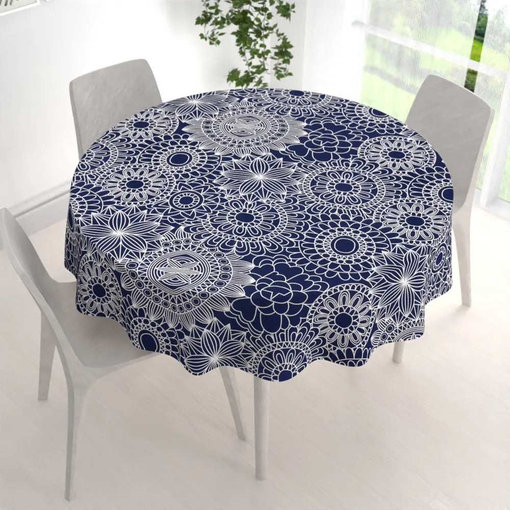 Biante Bavlnený okrúhly obrus Sandra SA-273 Biele mandaly na tmavo modrom Ø 120 cm