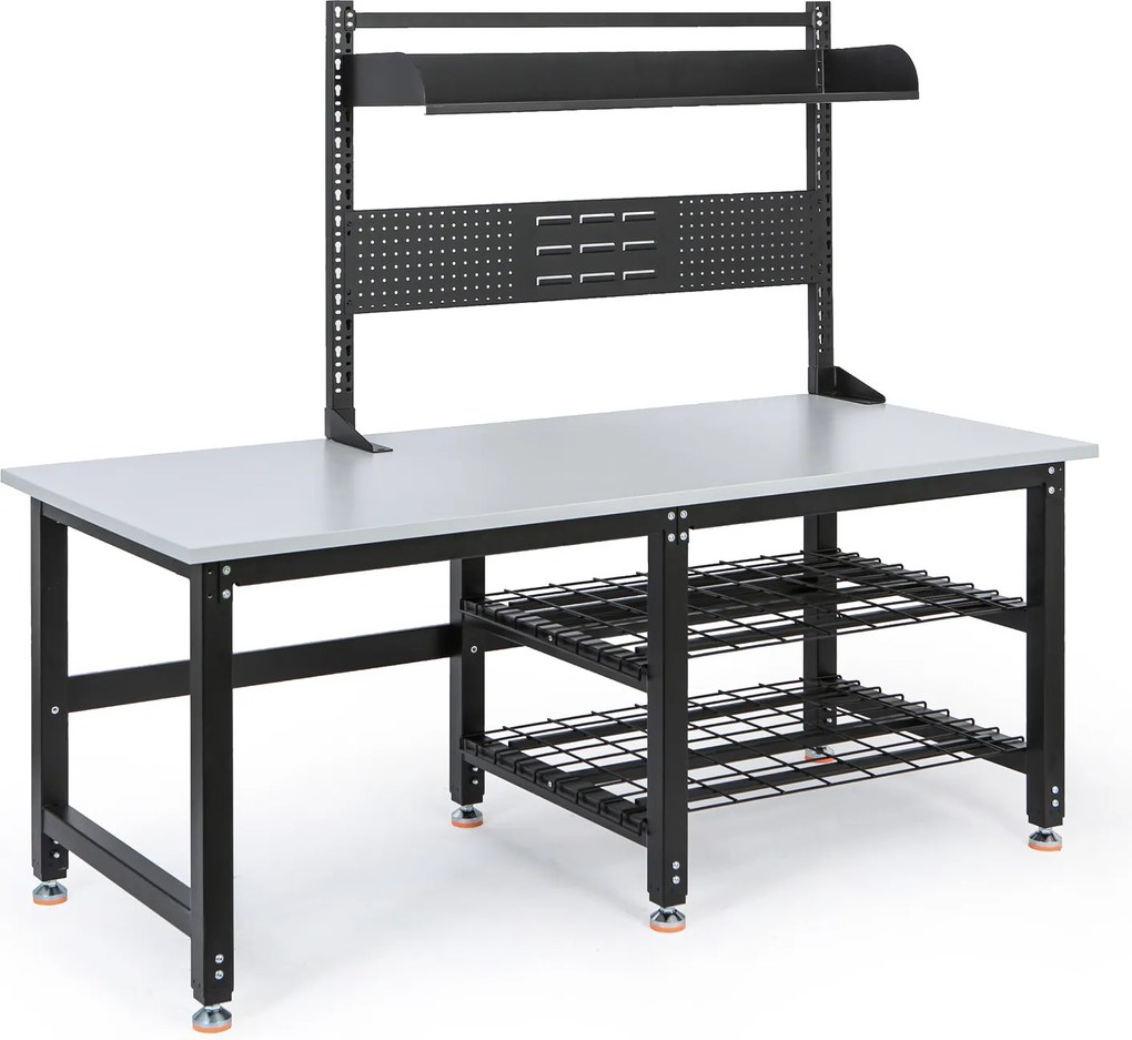 Výškovo nastaviteľný baliaci stôl PROFI, 1800 × 900 × 790–940 mm s nadstavbou a policami