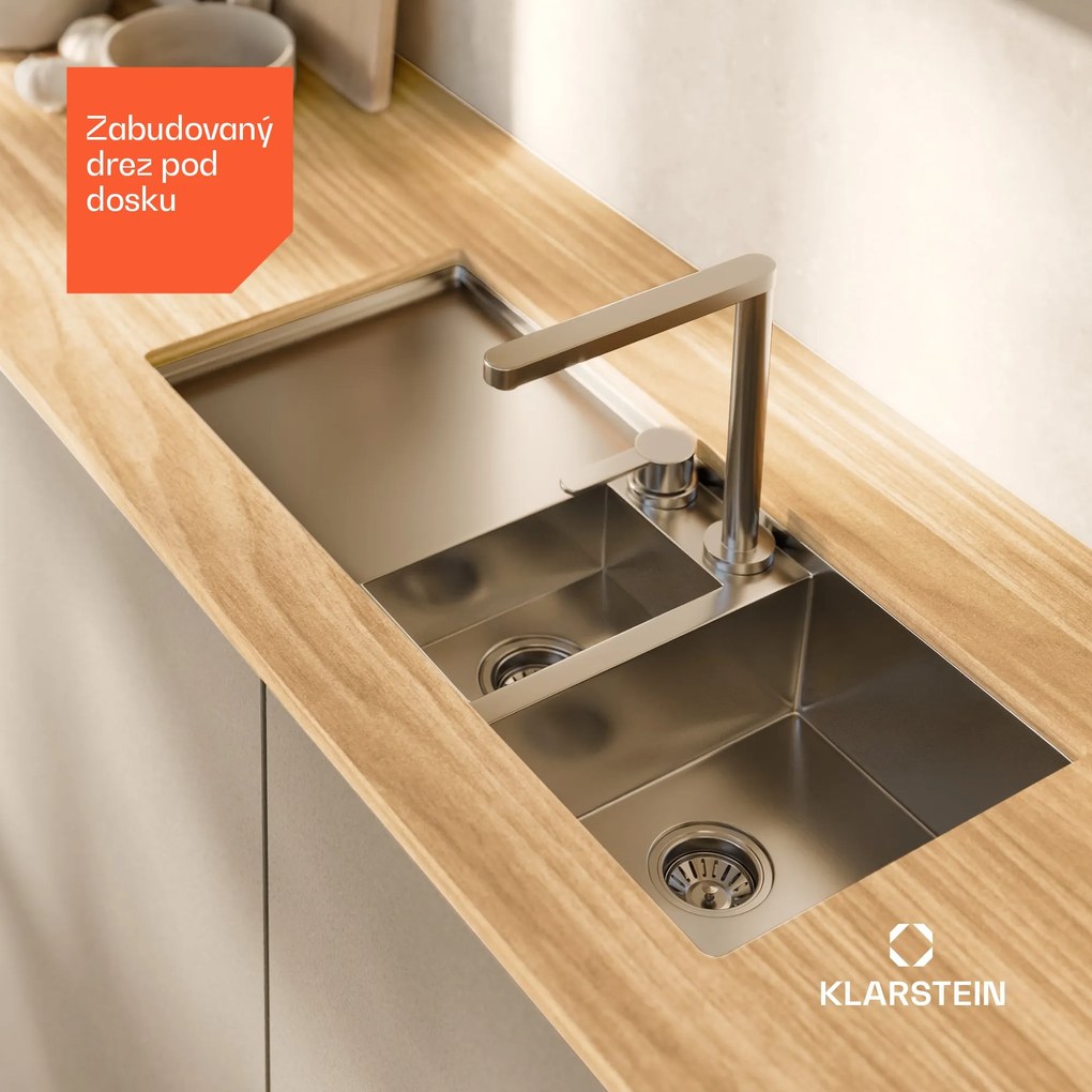 Klarstein TitanSteel kuchynský drez s odkvapkávačom, 100 x 45 cm, 2 umývadlá, nehrdzavejúca oceľ, odolný voči teplu