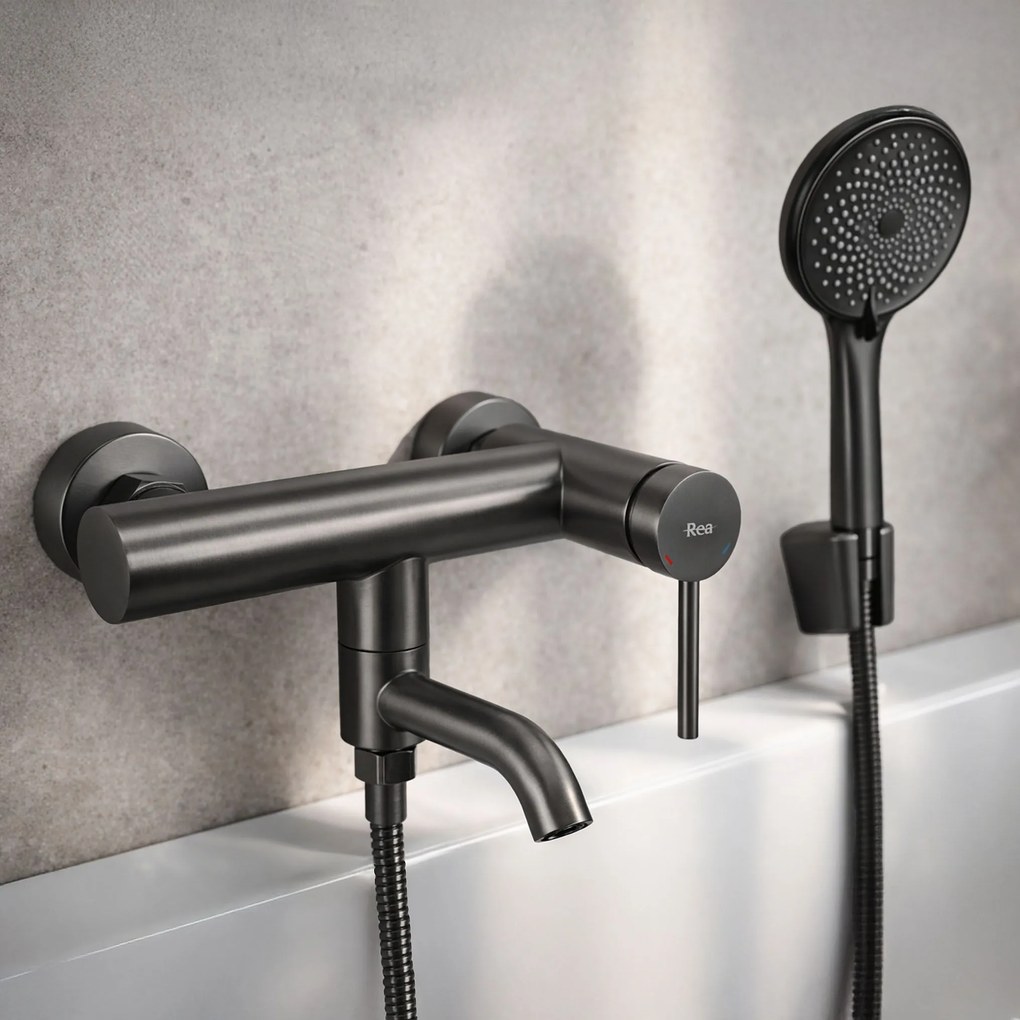 Rea Clif, nástenná vaňová batéria s ručnou sprchovou súpravou, grafitová, REA-B4324