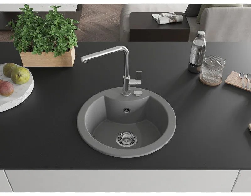 Mexen Diego, 1-komorový granitový drez 488x488x167 mm a drezová batéria Flora, šedá, 6512-71-670401-00