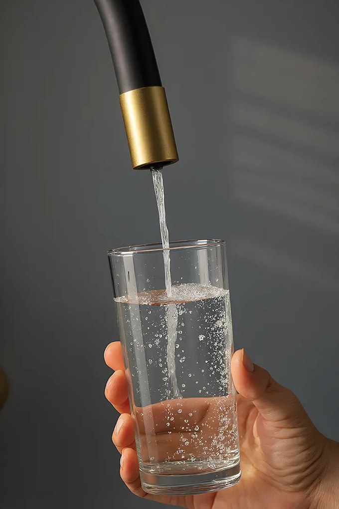 Laveo Riveco, vysoká drezová batéria s flexibilným výtokom a filtrom na pitnú vodu, čierna matná-brúsená oceľ, LAV-BRIB768D