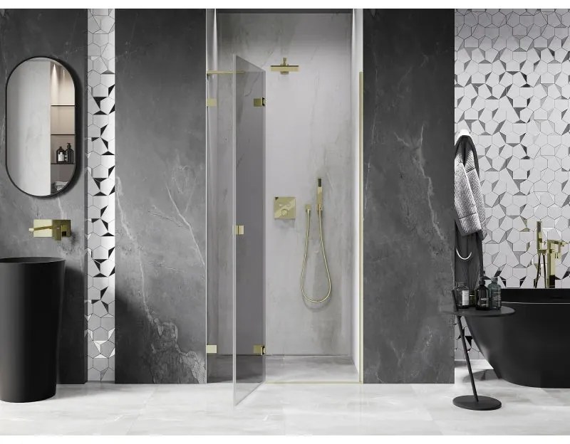 Mexen, Mexen Lunar L výklopné sprchové dvere ľavé 85 cm, transparentné, brúsené zlaté - 834L-085-000-55-00-L