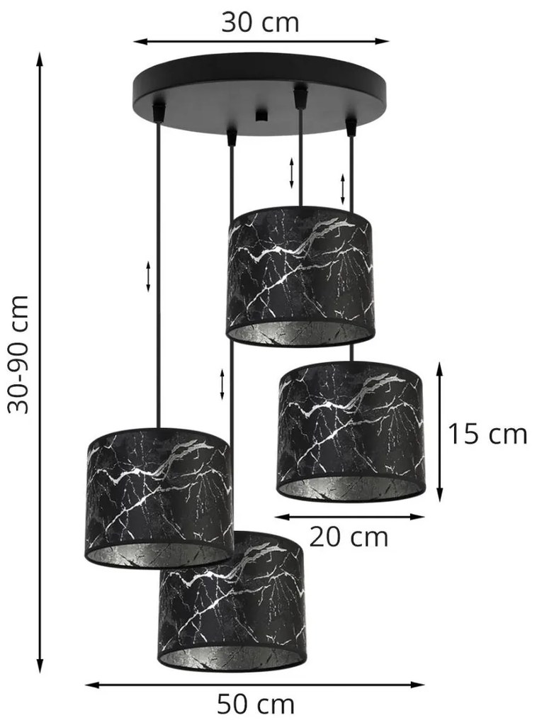 Závesné svietidlo Werona 3, 4x čierne textilné tienidlo so vzorom, o, s
