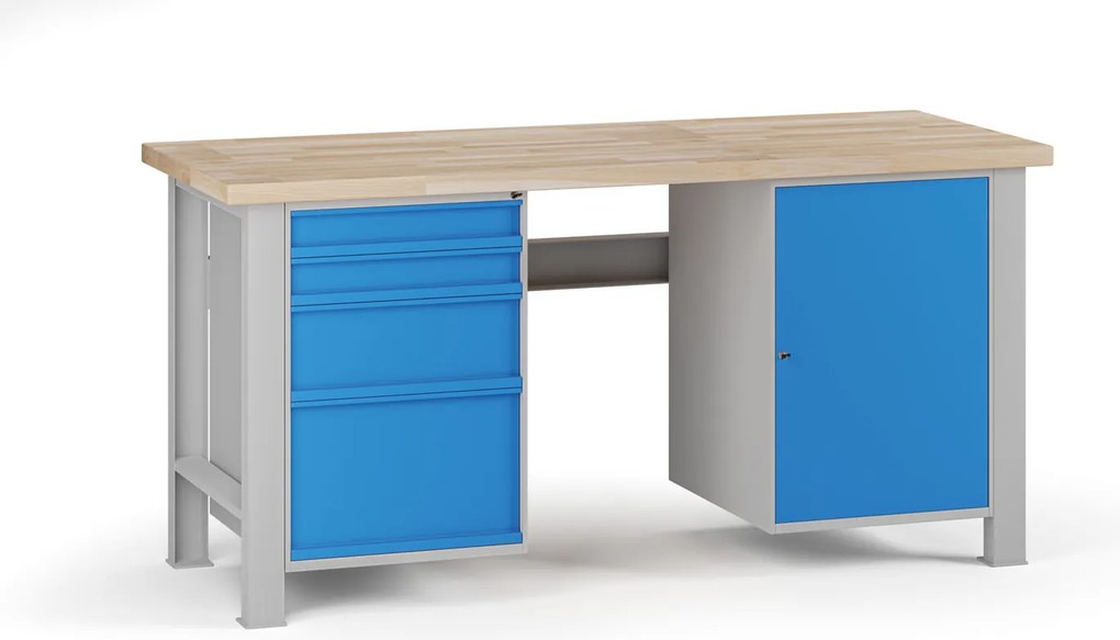 Dielenský pracovný stôl G7, buková škárovka, 1700 x 685 x 840 mm, 1x skrinka, 4 zásuvky, modrá