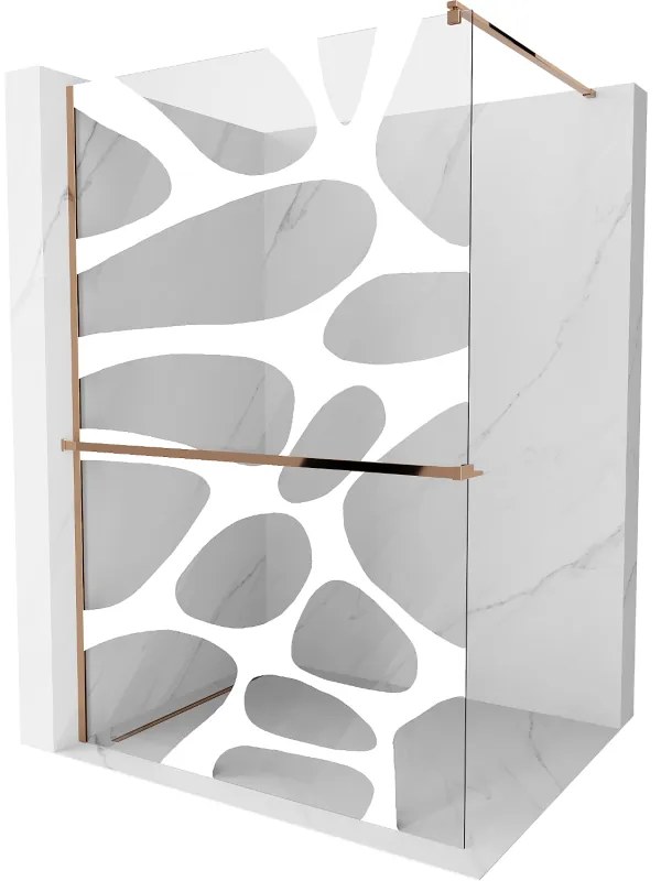 Mexen Kioto, sprchová zástena s poličkou a držiakom na uteráky 100 x 200 cm, 8mm číre sklo s bielym vzorom, profil ružové zlato, 800-100-121-60-97