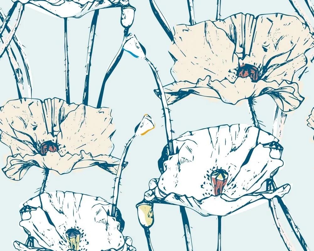 Samolepiaca tapeta kvitnúce maky v modro-béžovom prevedení - 75x1000 cm