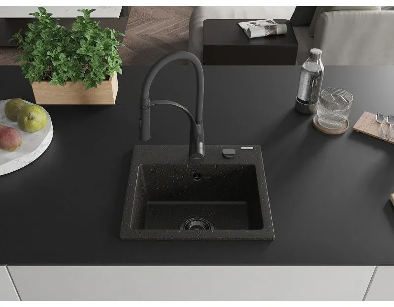 Mexen Milo, 1-komorový granitový drez 435x410x171 mm a drezová batéria Aster, čierna-zlatá metalíza, 6505-75-73450-70-B