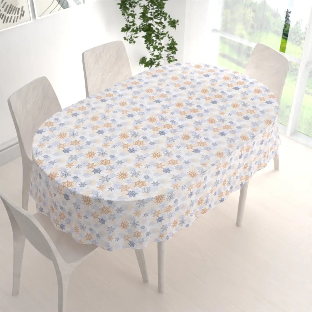 Biante Vianočný dekoračný oválny obrus PML-041 Modrosivé a béžové vločky 100x160 cm