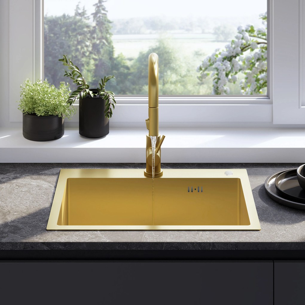 Rea Liam, oceľový kuchynský drez 530x450x200mm + sifón, zlatá matná, ZLE-06007