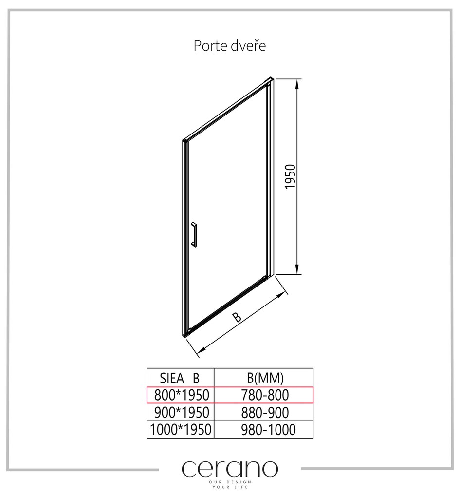 Cerano Porte, 1-krídlové sprchové dvere 80x195 cm, 8mm číre sklo, čierny profil, CER-CER-413486