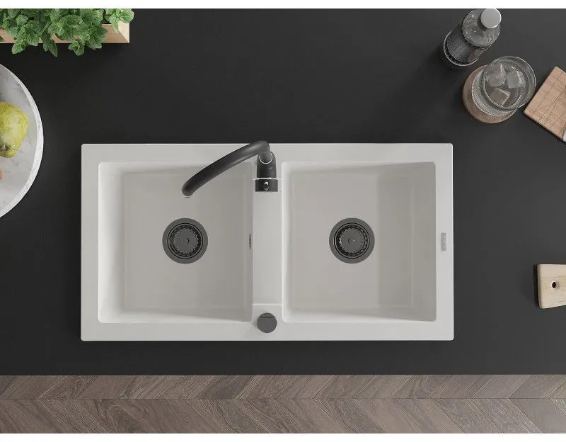 Mexen Mario, 2-komorový granitový drez 820x436x161 mm a čierna drezová batéria Telma, biela, 6504-20-670200-70