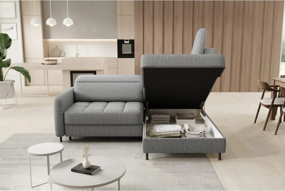 Sivá zamatová rozkladacia/s úložným priestorom rohová pohovka (pravý roh/do L) Barea – ELTAP