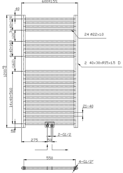 Novaservis - Kúpeľňový rebríkový radiátor 644 W/230 V, 120 × 60 cm, čierny, rovný