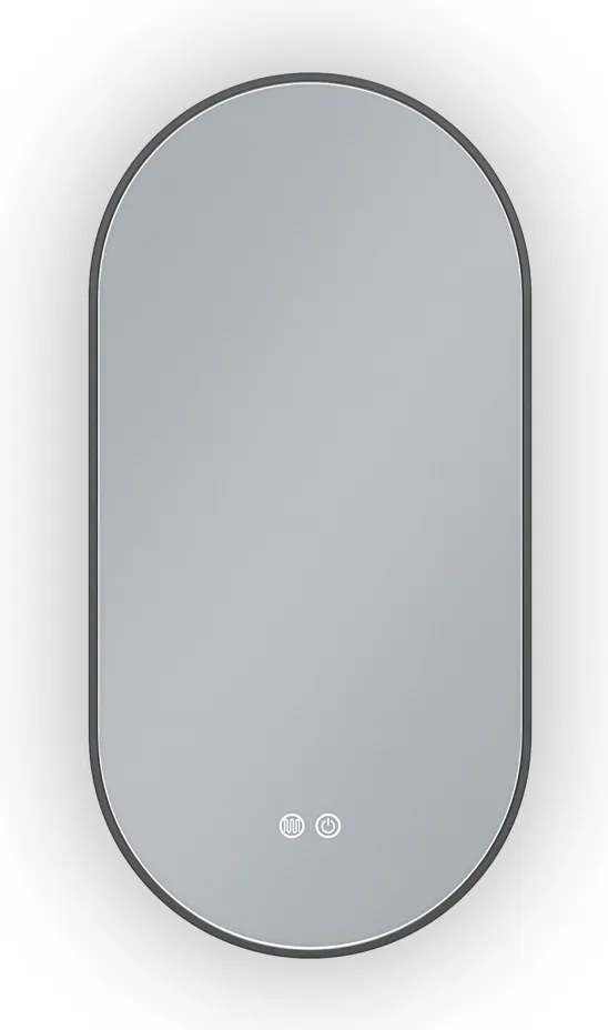 Erga Freya, oválne LED zrkadlo 40x80cm v čiernom kovovom ráme, 3 farby svetla, zadné osvetlenie, vyhrievacia podložka proti zapareniu, ERG-V01-FREYA-4080-BK