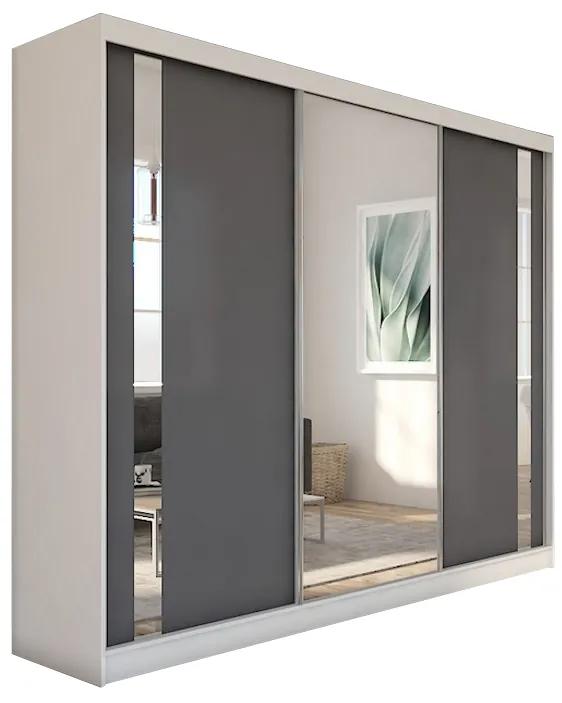 Skriňa s posuvnými dverami a zrkadlom GAJA, 240x216x61, biela/grafit