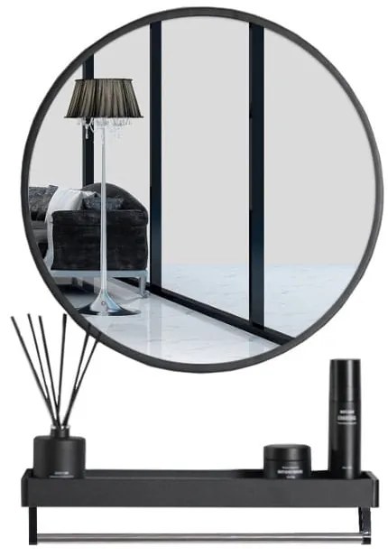 Čierne okrúhle zrkadlo s poličkou BREDO Ø70 cm