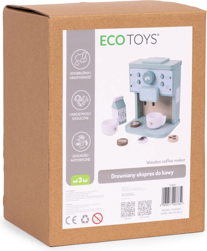 Dřevěný dětský kávovar ECOTOYS s doplňky a zvukovými tlačítky, pastelový
