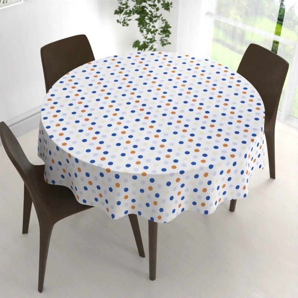 Biante Bavlnený okrúhly obrus Sandra SA-120 Modré a hnedé bodky na bielom Ø 120 cm