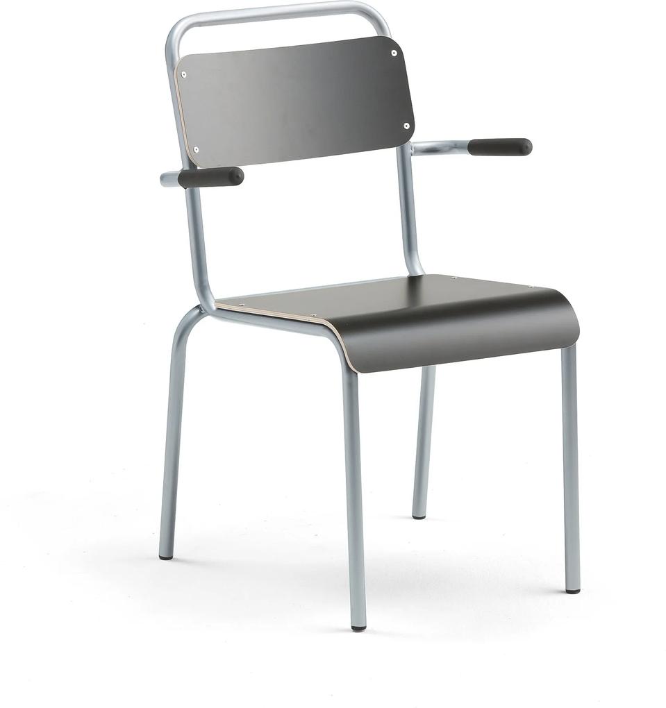 Jedálenská stolička Frisco, s podrúčkami, hliníkový rám, čierny laminát