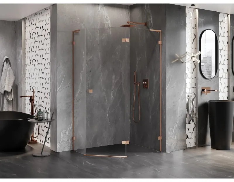 Mexen Lunar, L pravý výklopný päťuholníkový sprchový kút 100 x 90 cm, 8mm číre sklo, profil medená matná, 831L-100P-090L-65-00-P
