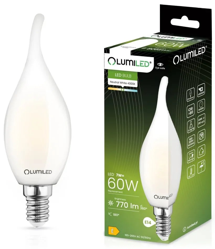 LED žiarovka Flame BA35 E14 7W = 60W 770lm 4000K Neutrálna 360° žiarovka Milk LUMILED