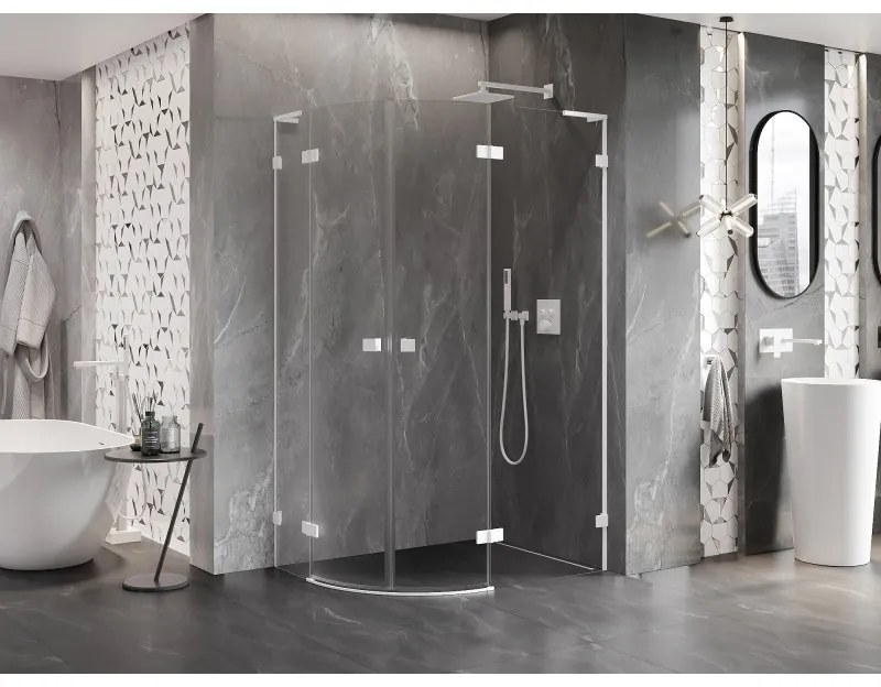 Mexen Lunar, L pravý polkruhový sprchový kút 90 x 80 cm, 8mm číre sklo, biely profil, 833L-090P-080L-20-00