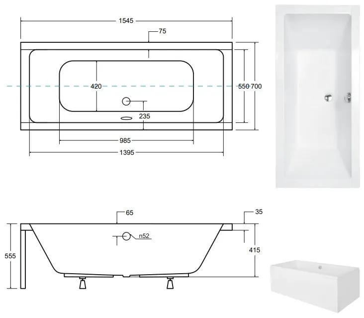D‘Eluxe - VANE - Obdĺžniková akrylátová Vaňa CLASSIC x, , MW12QFP + Krycí predný a bočný panel + automatický sifón (chrómový) Klasická obĺžniková vaňa lesklá biela 155 70 55.5 155x70x55,5