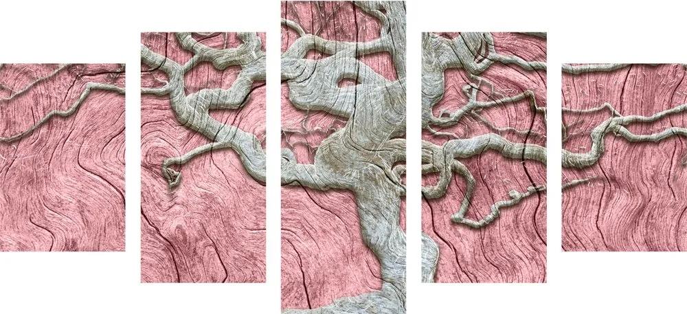 5-dielny obraz abstraktný strom na dreve s ružovým kontrastom - 100x50