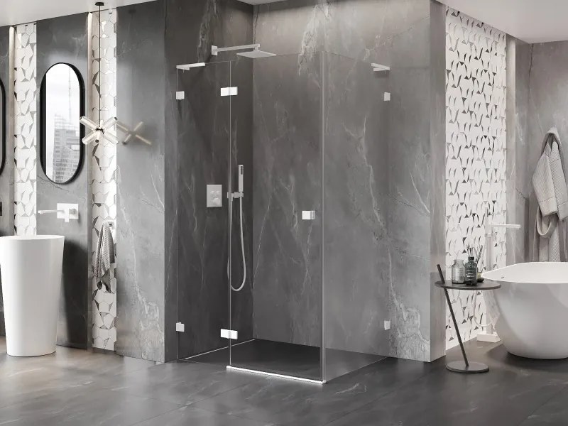 Mexen Lunar L, sklápací sprchový kút ľavý 85 x 90 cm, 8mm číre sklo, biely profil, 834L-085-090-20-00-L