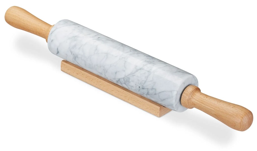 Masívny mramorový valček na cesto RelaxDays RD28837 – biely, bukové rúčky a stojan, 48 cm