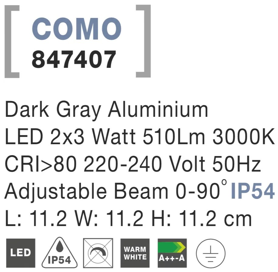 Nova Luce Svietidlo COMO S WALL GREY nástenné, IP 54, 2x3 W 847407