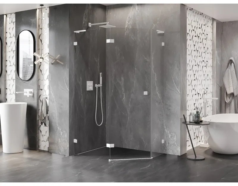 Mexen Lunar, L päťuholníkový sprchový kút naklápací doľava 90 x 100 cm, 8mm číre sklo, biely profil, 831L-090L-100P-20-00-L