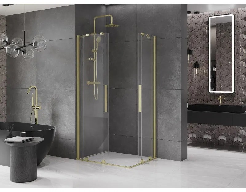 Mexen Velar Duo, sprchový kút s posuvnými dverami 90(dvere) x 80(dvere) cm, 8mm číre sklo, zlatý matný profil, 871-090-080-02-55