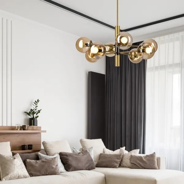 Luster na tyči ROLLO 8xE14/5W/230V zlatá/dymová béžová