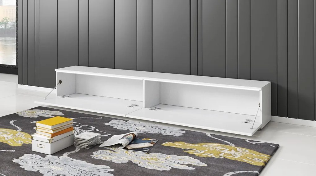 AKCIA - Minimalistický TV stolík Lowboard D 180 cm - biely / biely lesk