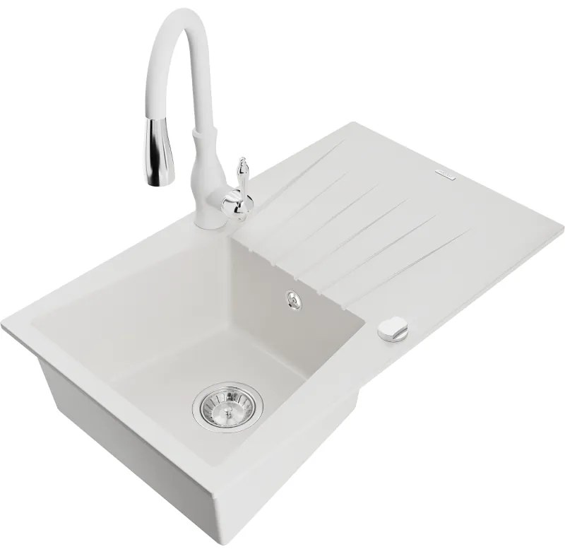 Mexen Cesar, 1-komorový granitový drez 775x470x190 mm a drezová batéria Savita, biela, 6514-20-672601-20