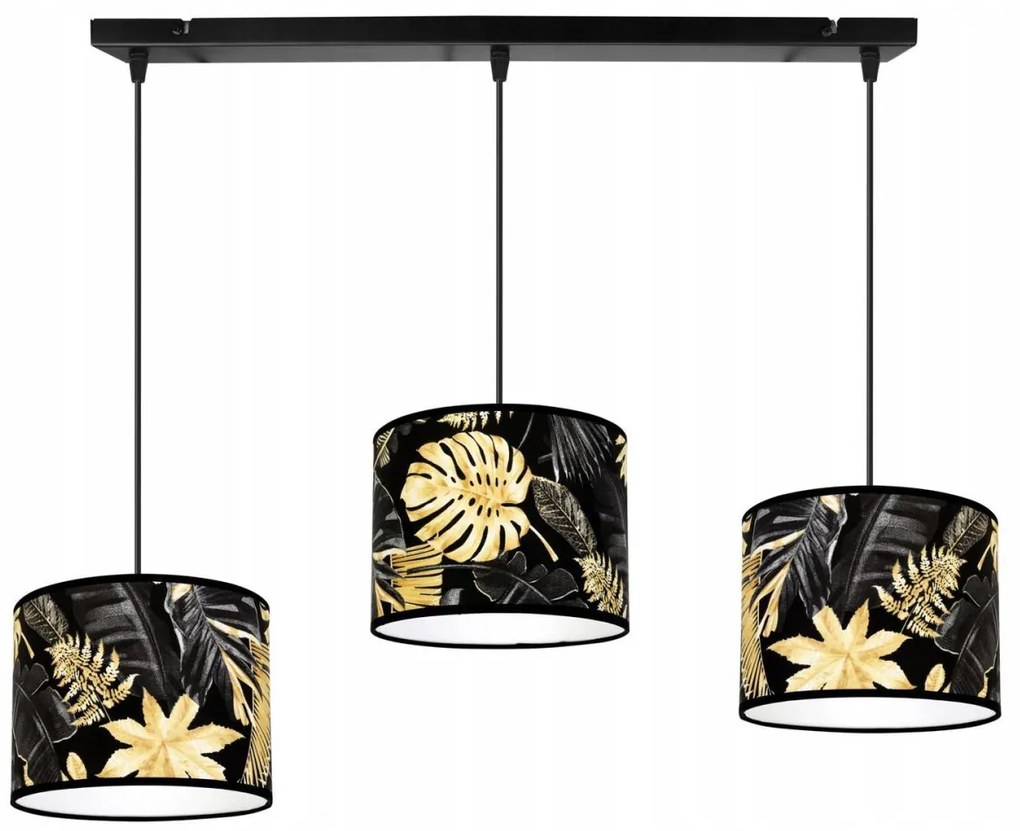 Závesné svietidlo Gold Flowers, 3x čierne textilné tienidlo s kvetinovým vzorom
