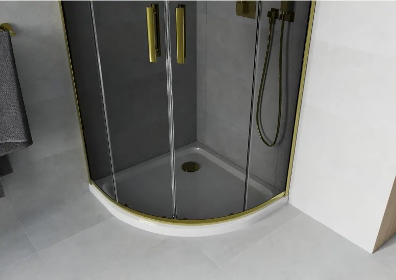 Mexen Rio, štvrťkruhový sprchovací kút s posuvnými dverami 80(dvere) x 80(dvere) x 190 cm, 6mm šedé sklo, zlatý profil + biela sprchová vanička SLIM, 863-080-080-50-40-4110G