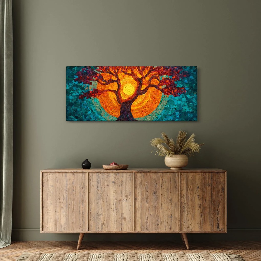 Obraz - Strom života a slnko v mozaike (120x50 cm)