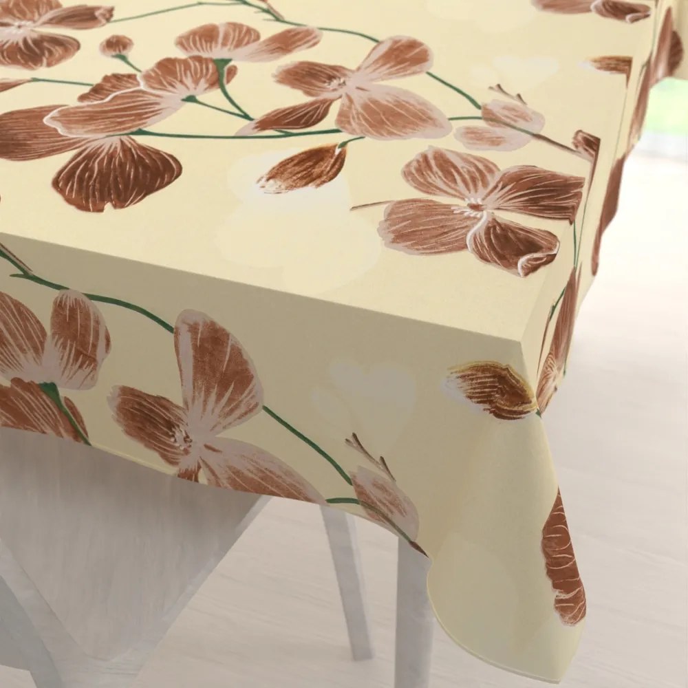 Biante Bavlnený obdĺžnikový obrus Sandra SA-536 Hnedé orchidey na vanilkovo žltom 140x200 cm