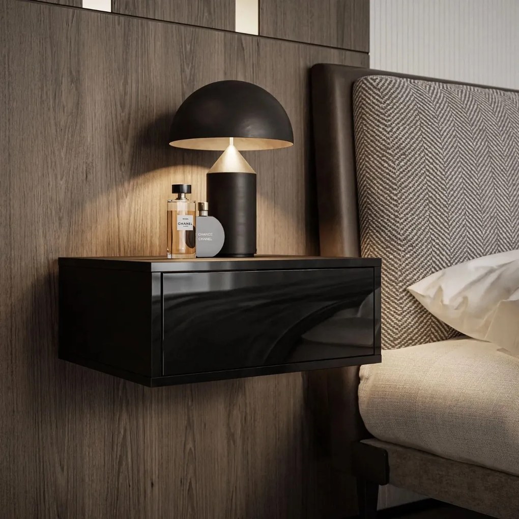 NOČNÝ STOLÍK EDWARD ČIERNY VYSOKÝ LESK ZÁVESNÝ