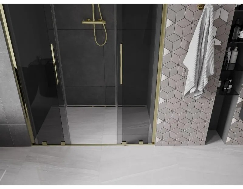 Mexen Velar Duo, posuvné sprchové dvere do otvoru 160 cm, 8mm šedé sklo, zlatá lesklá, 871-160-000-42-50
