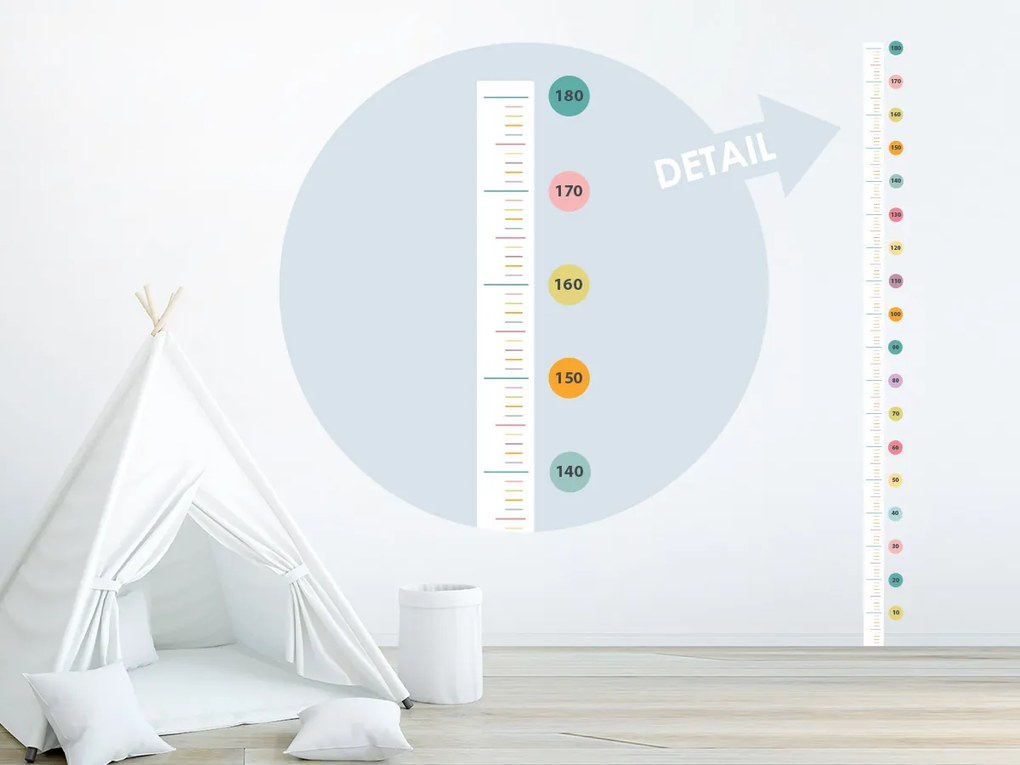 Pastelový detský meter textilní prelepiteľná nálepka na stenu výška 140 cm