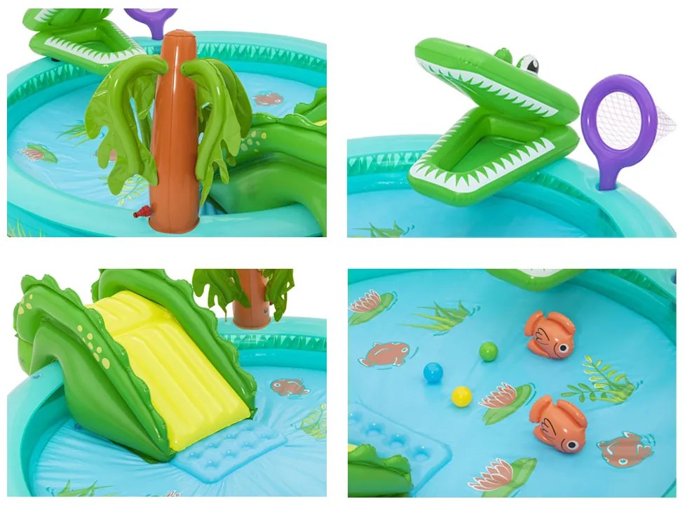 Nafukovacie ihrisko CROCODILE šmykľavka + postrekovač + loptičky Bestway 53166